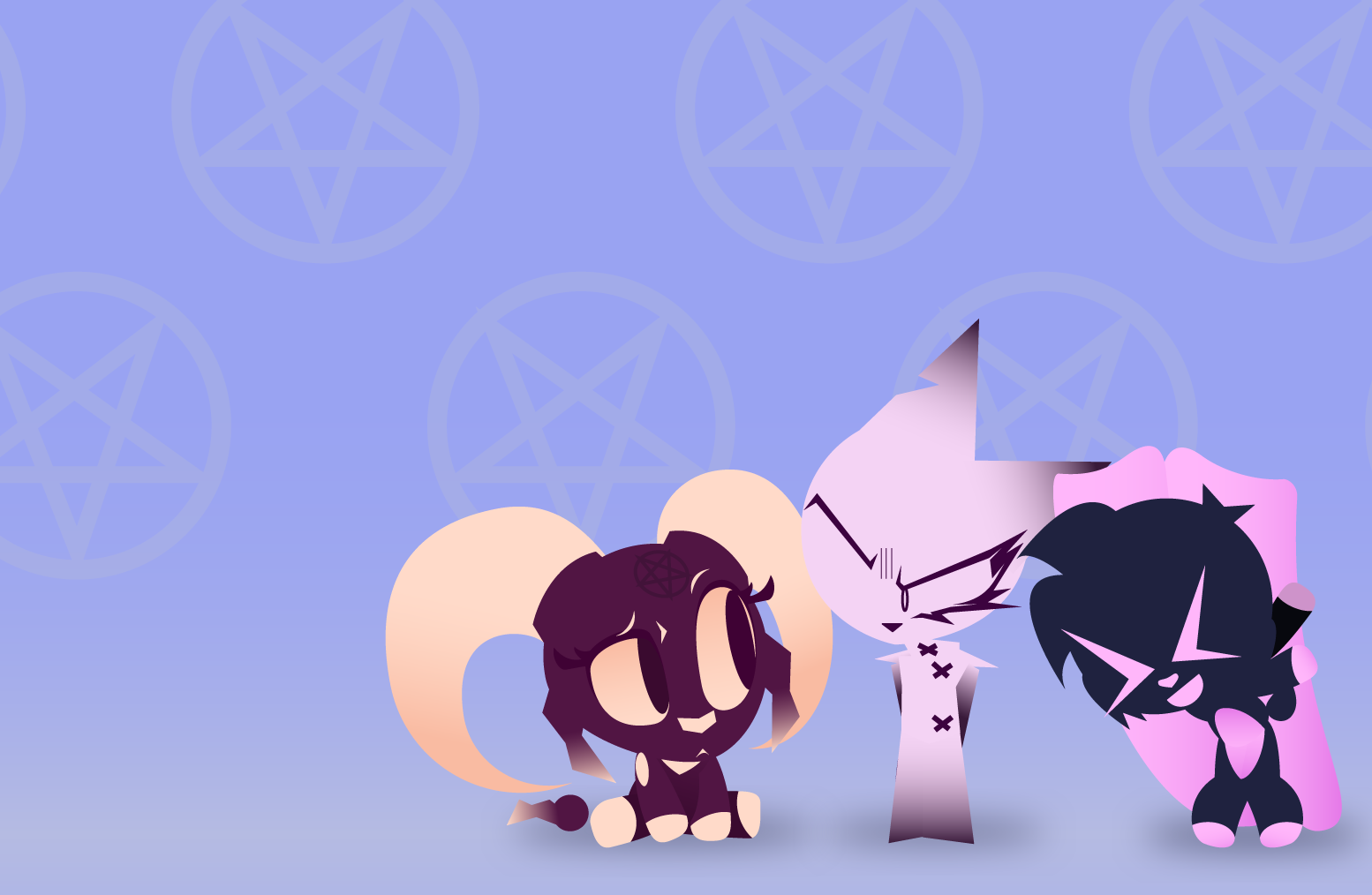 Design cartoonesco, Doroty, uma cabra vinho cansada; Violência, um gato branco irritado sem um olho e Mania, um content coelho azul